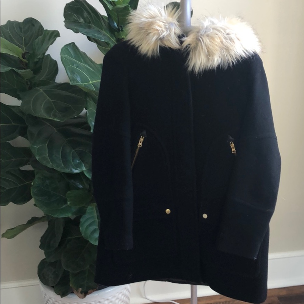 JCrew Coat with Faux-fur hood, Size 4